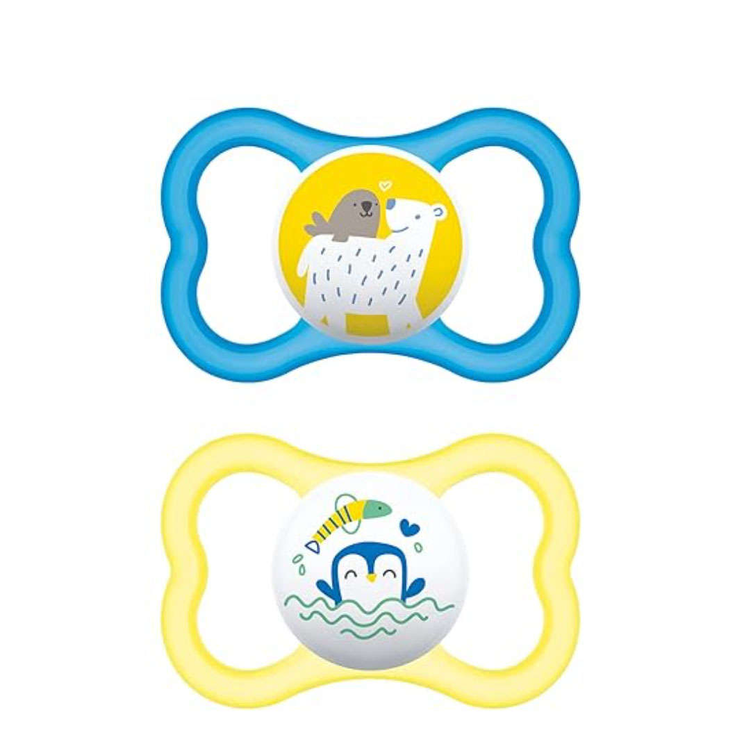 two yellow and blue pacifier with animal pictures