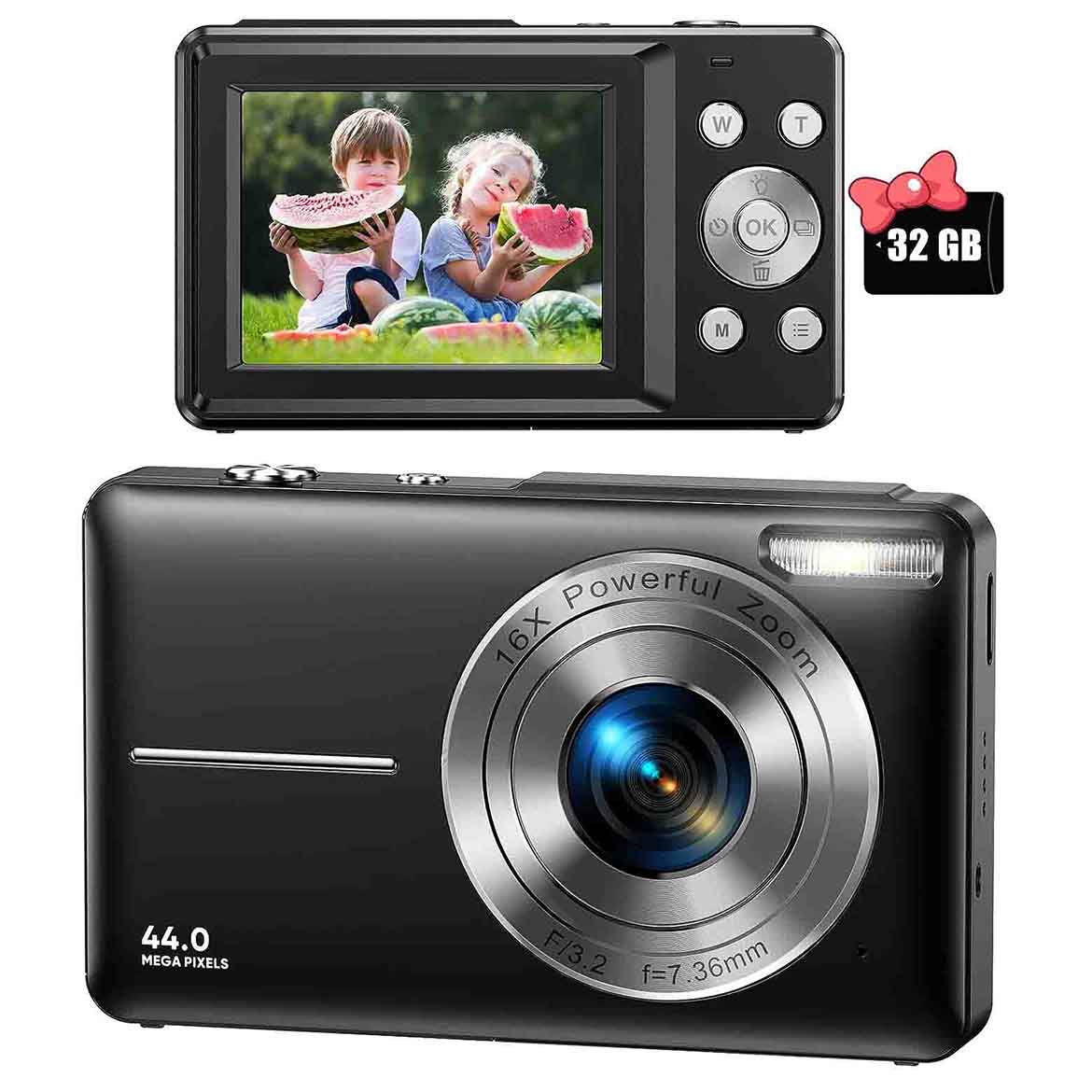Back and front view of black camera with SD card