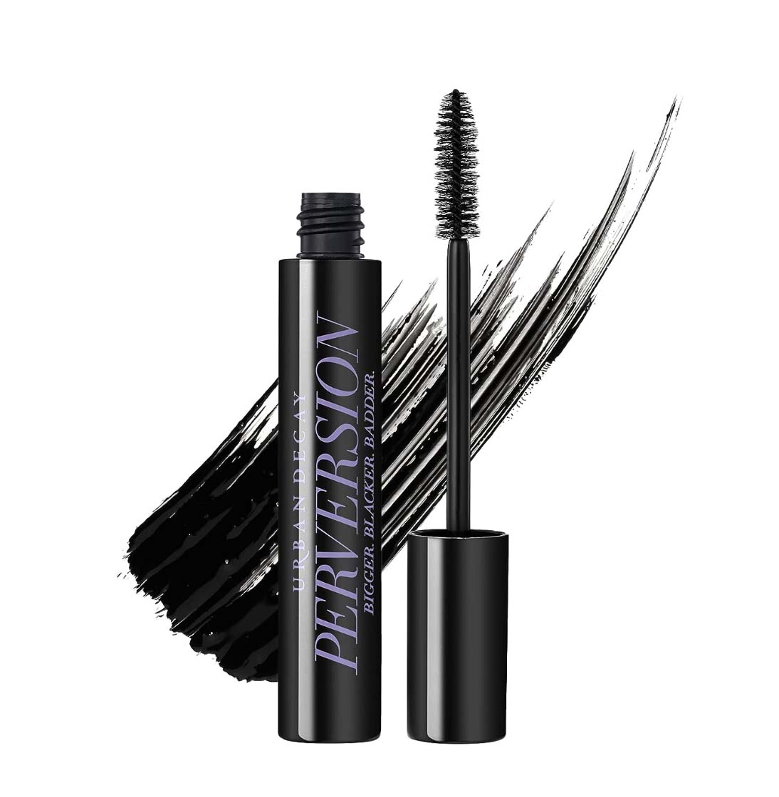 Black mascara in bottle with swatches