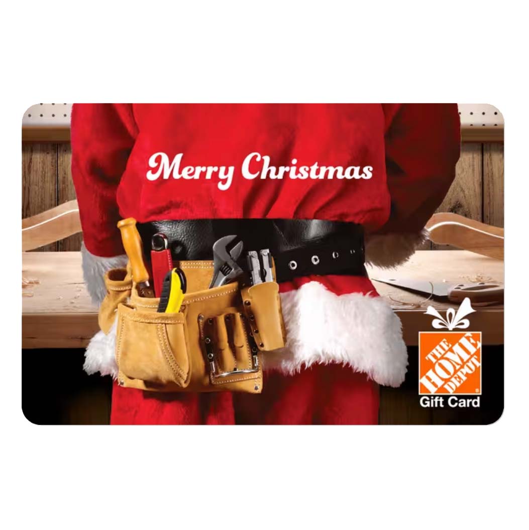 Gift card with Santa wearing tool bag