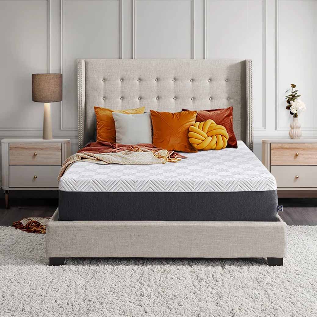 memory foam mattress with CopperChill Technology on a large grey bed frame