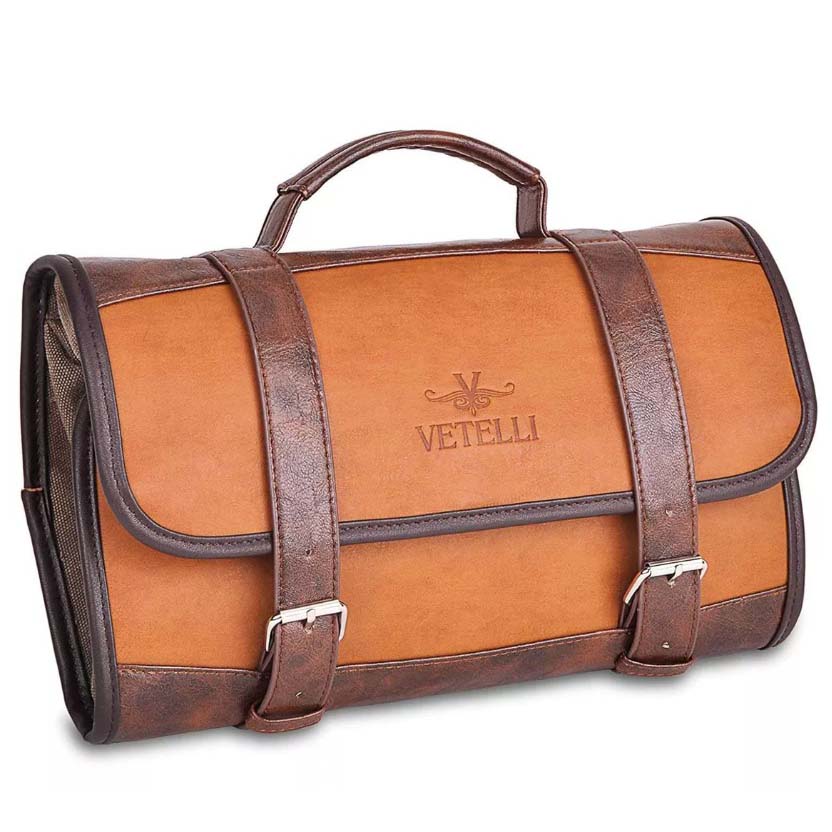 Brown leather toiletry bag with straps