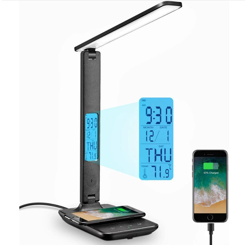 Black desk light with LED display and phone charger