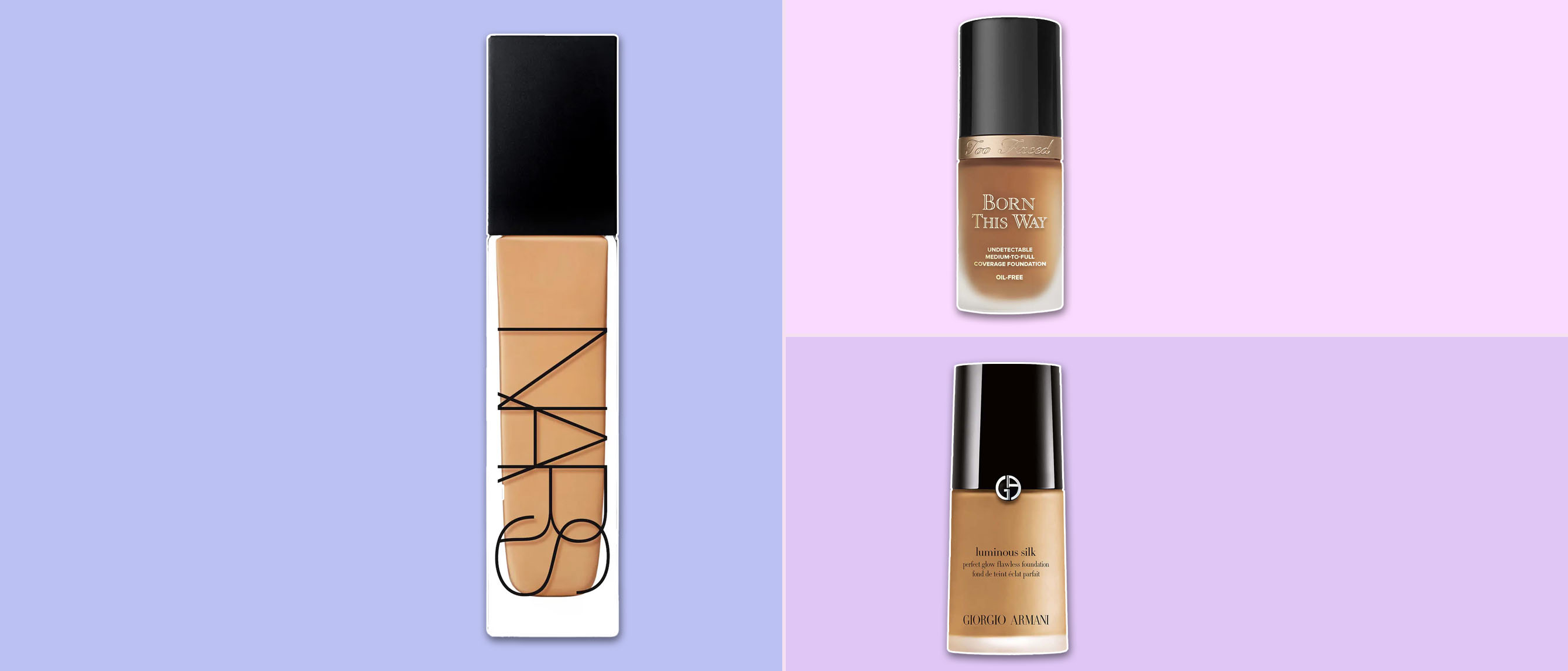 three of the best full coverage foundations including NARS, Armani and Too Faced