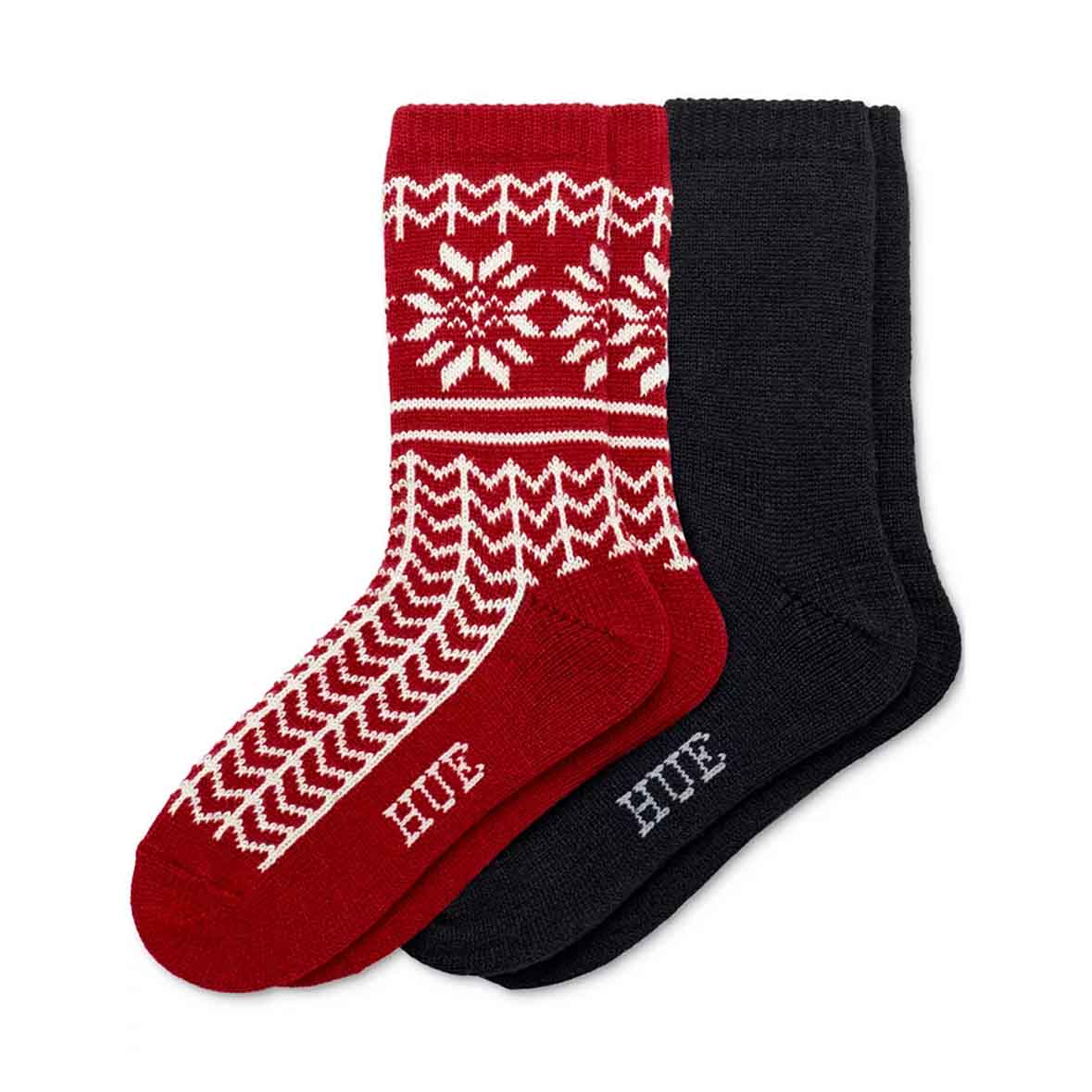 red and black pair of boot socks with white pattern