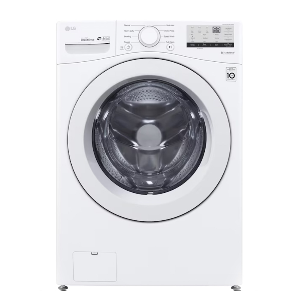 LG front-loading washing machine in white