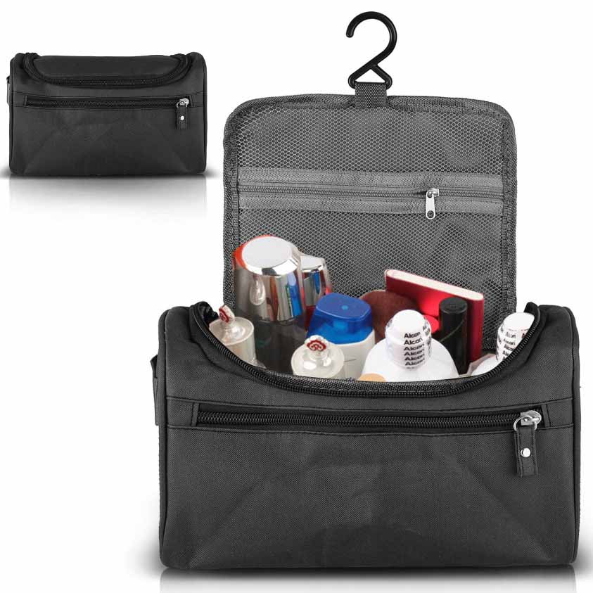 Black toiletry bag with top opening and a hanging hook