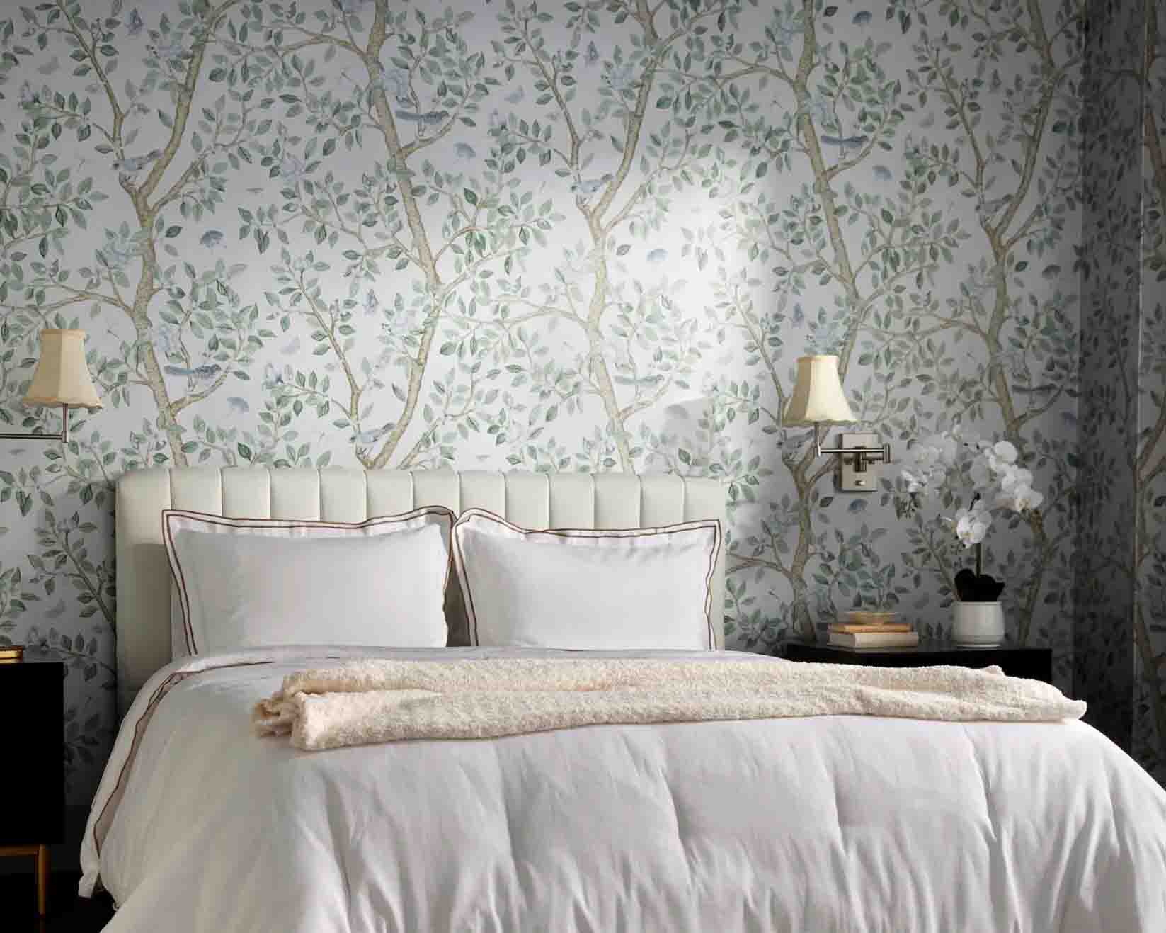 Silver Metallic Wallpaper with floral design, white double bed and dainty bedding