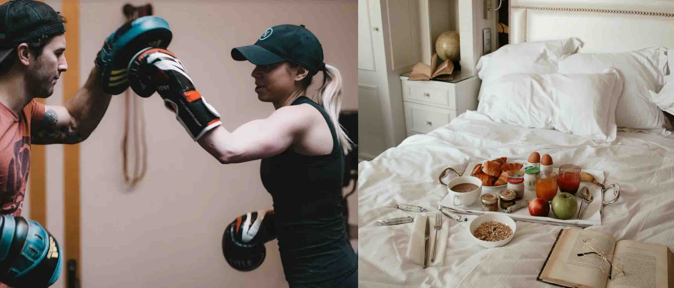Collage of a man and woman boxing and a breakfast spread in bed