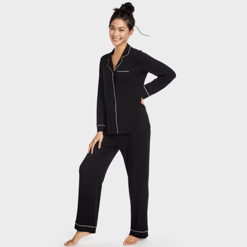 Model wearing Womens Modal Pajama Top And Pants Set in black