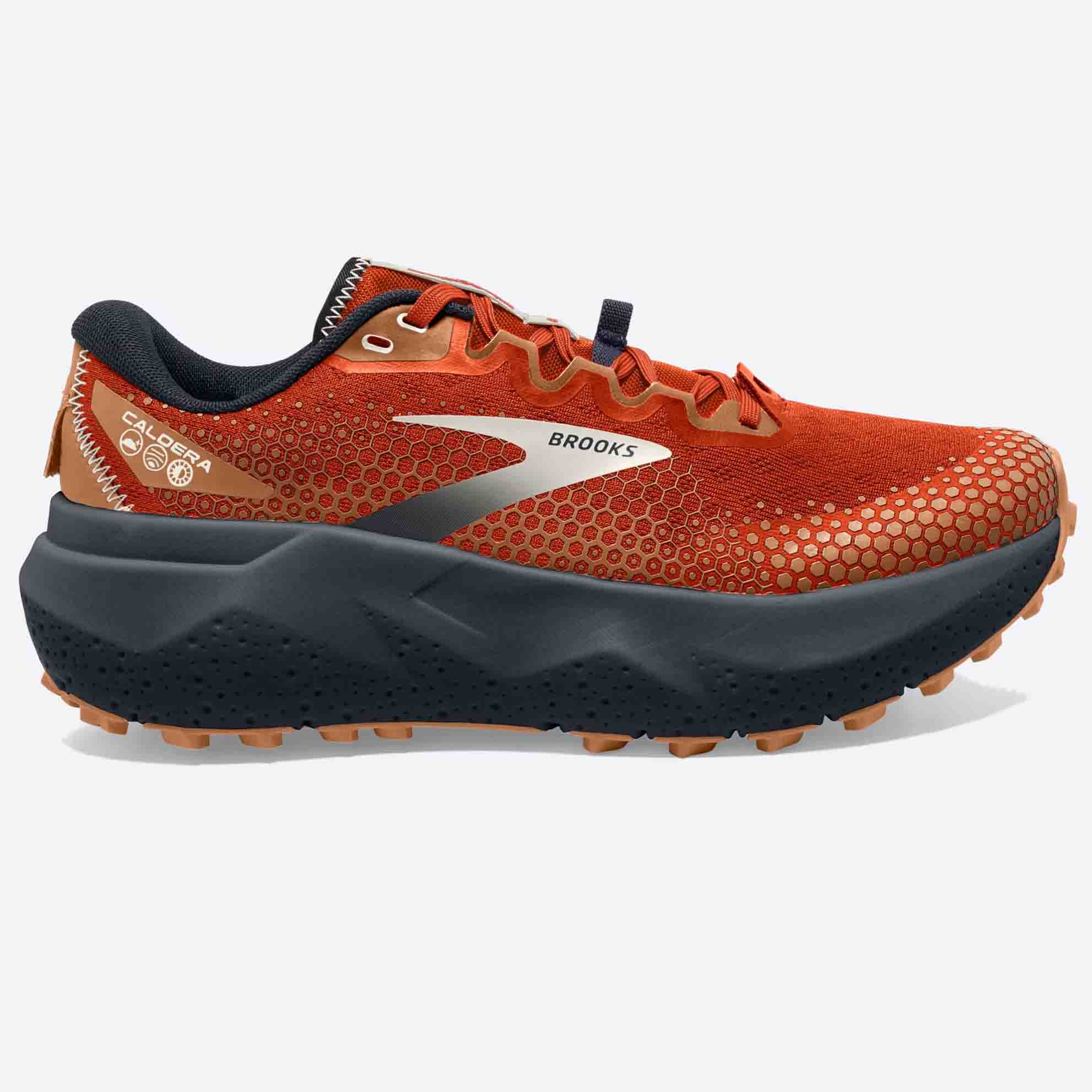 Caldera 6 Trail Shoes in orange with cushioning 