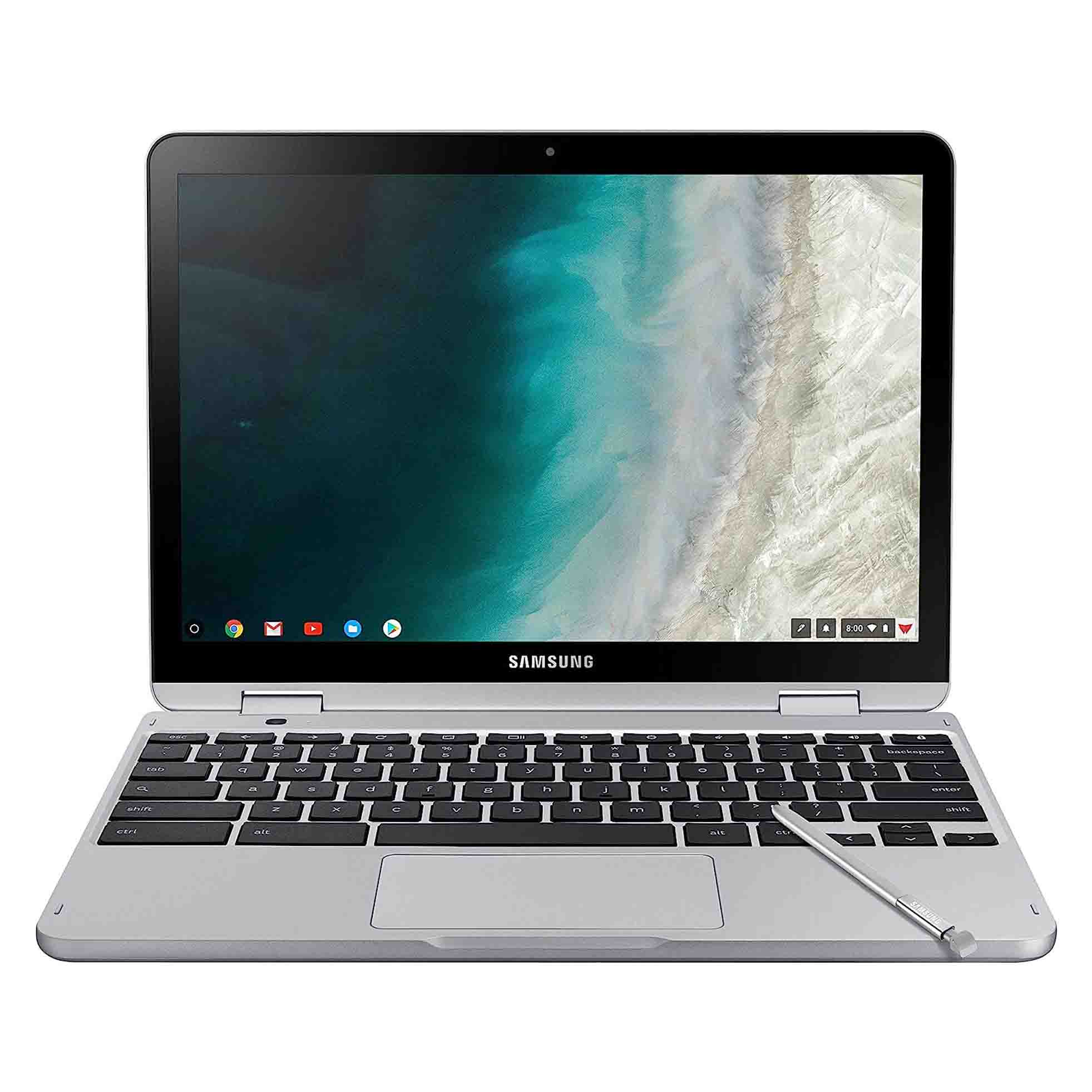Samsung Chromebook Plus V2 laptop with a matching stylus pen