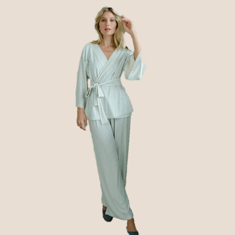 Model wearing DreamKnit Kimono Pajama Set in Fog