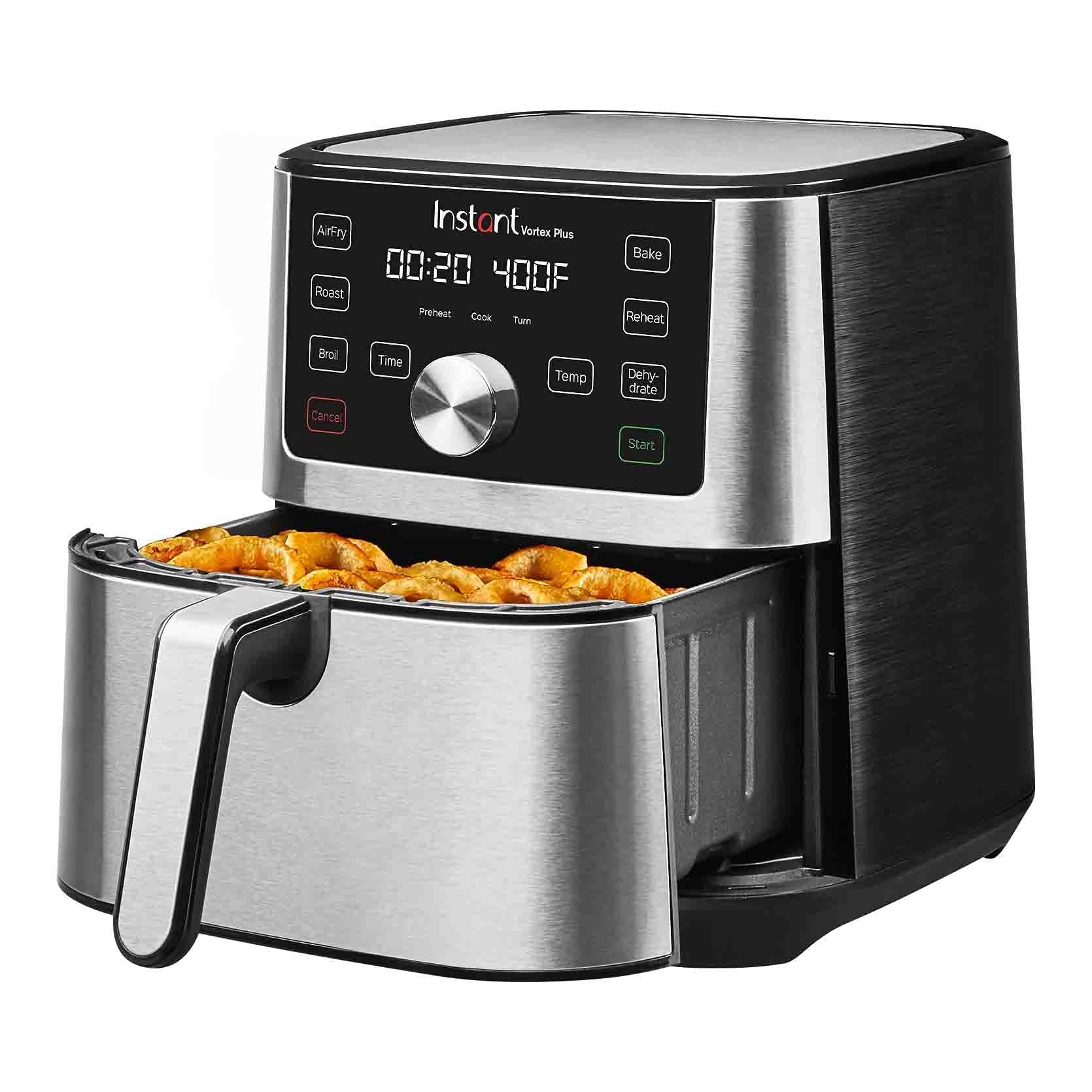 Instant Pot Vortex Plus 6-in-1 4QT Air Fryer Oven in stainless steel with removable basket