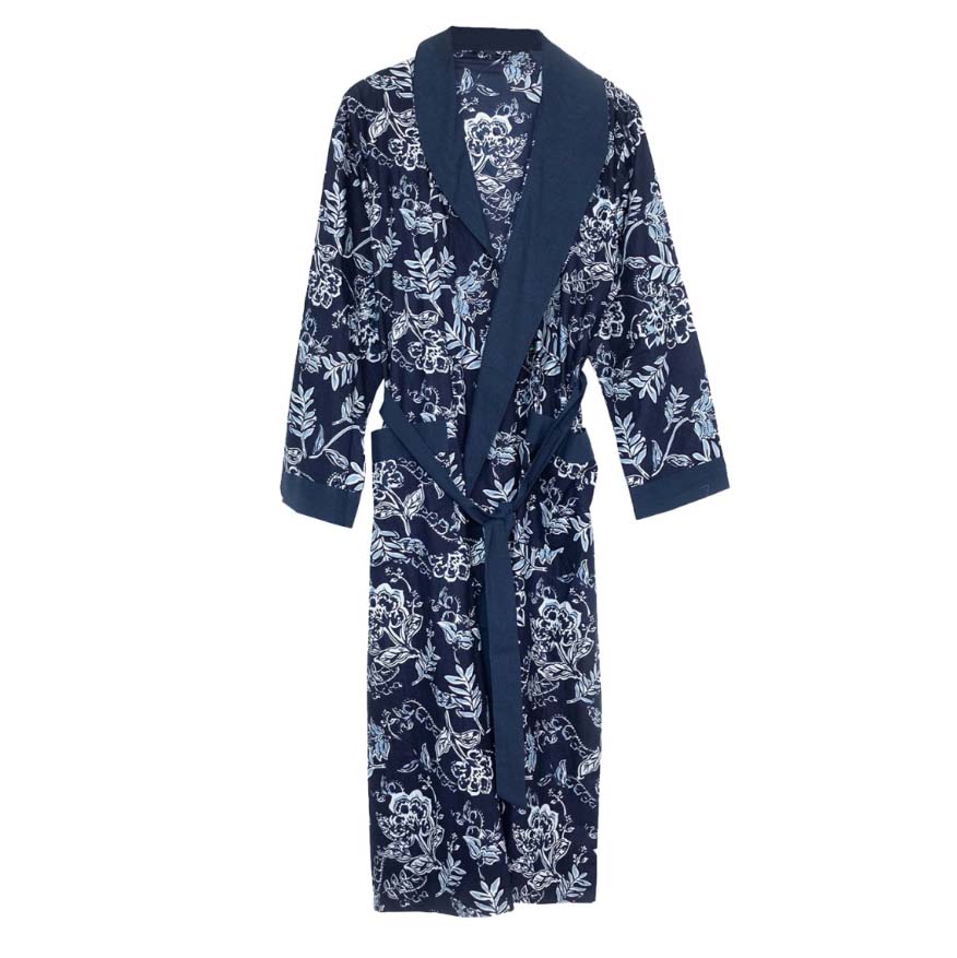 Cotton print robe in white and navy blue