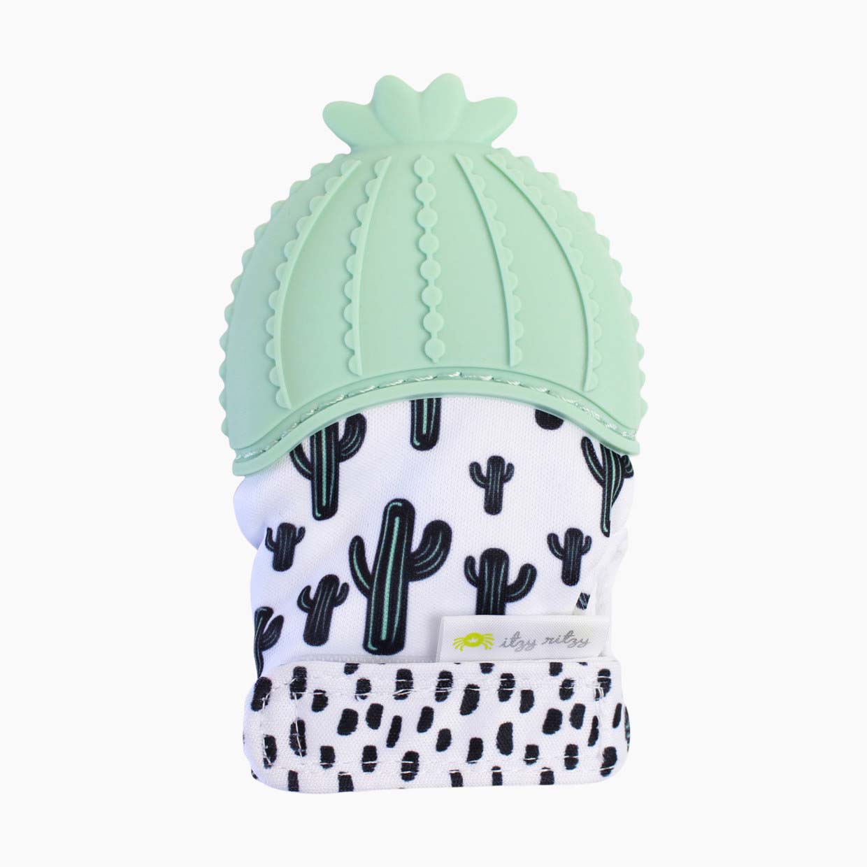 Itzy Ritzy Teething Mitt with light green silicone top and black and white cactus pattern