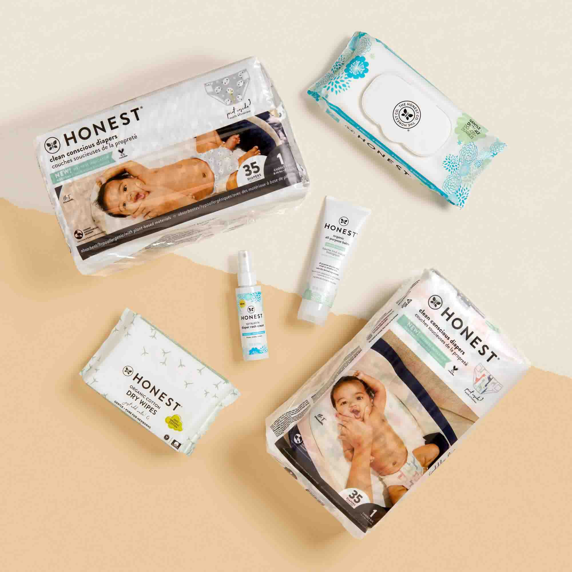 Honest Hello Baby Kit with wipes, diapers, cream and spray