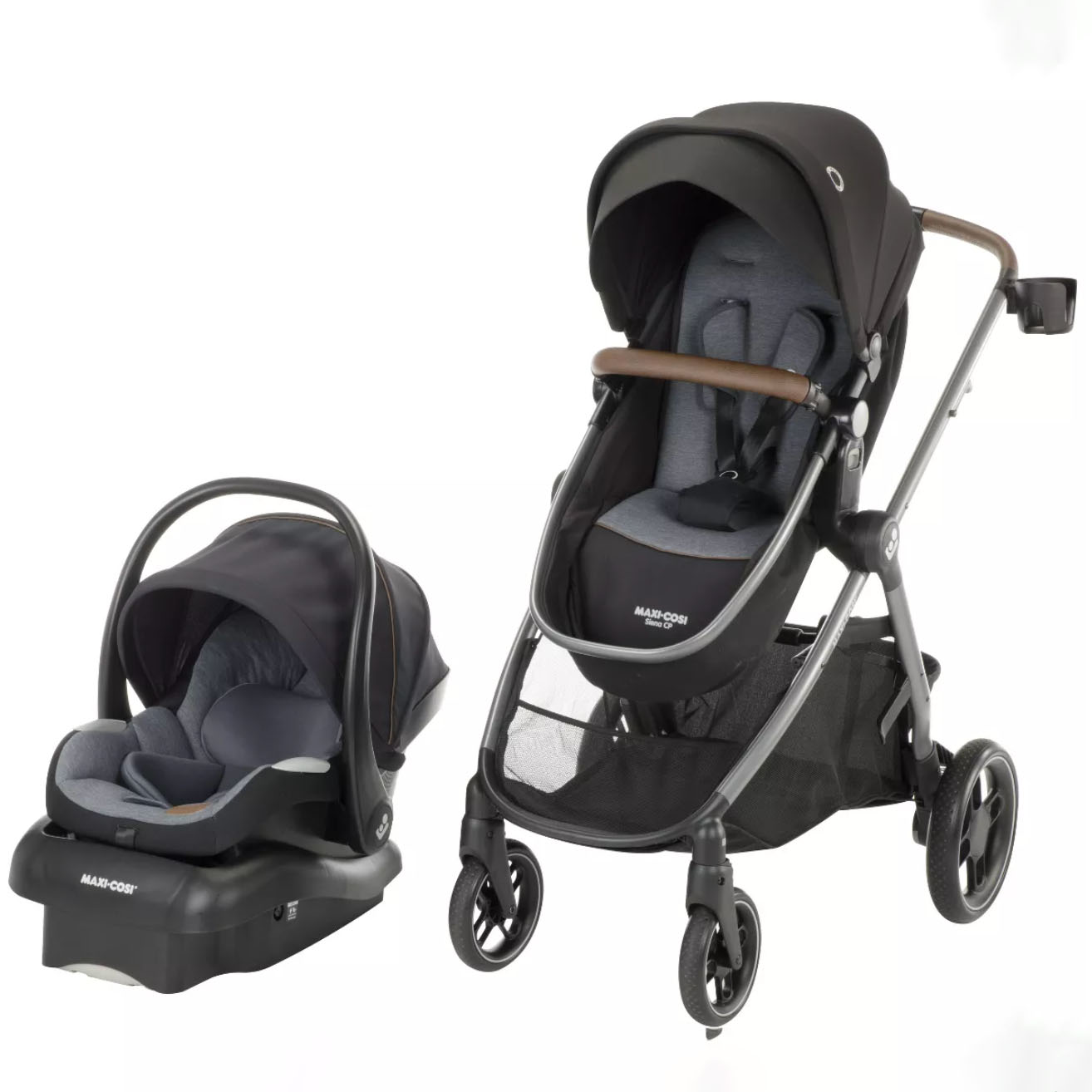 Black stroller and baby car seat