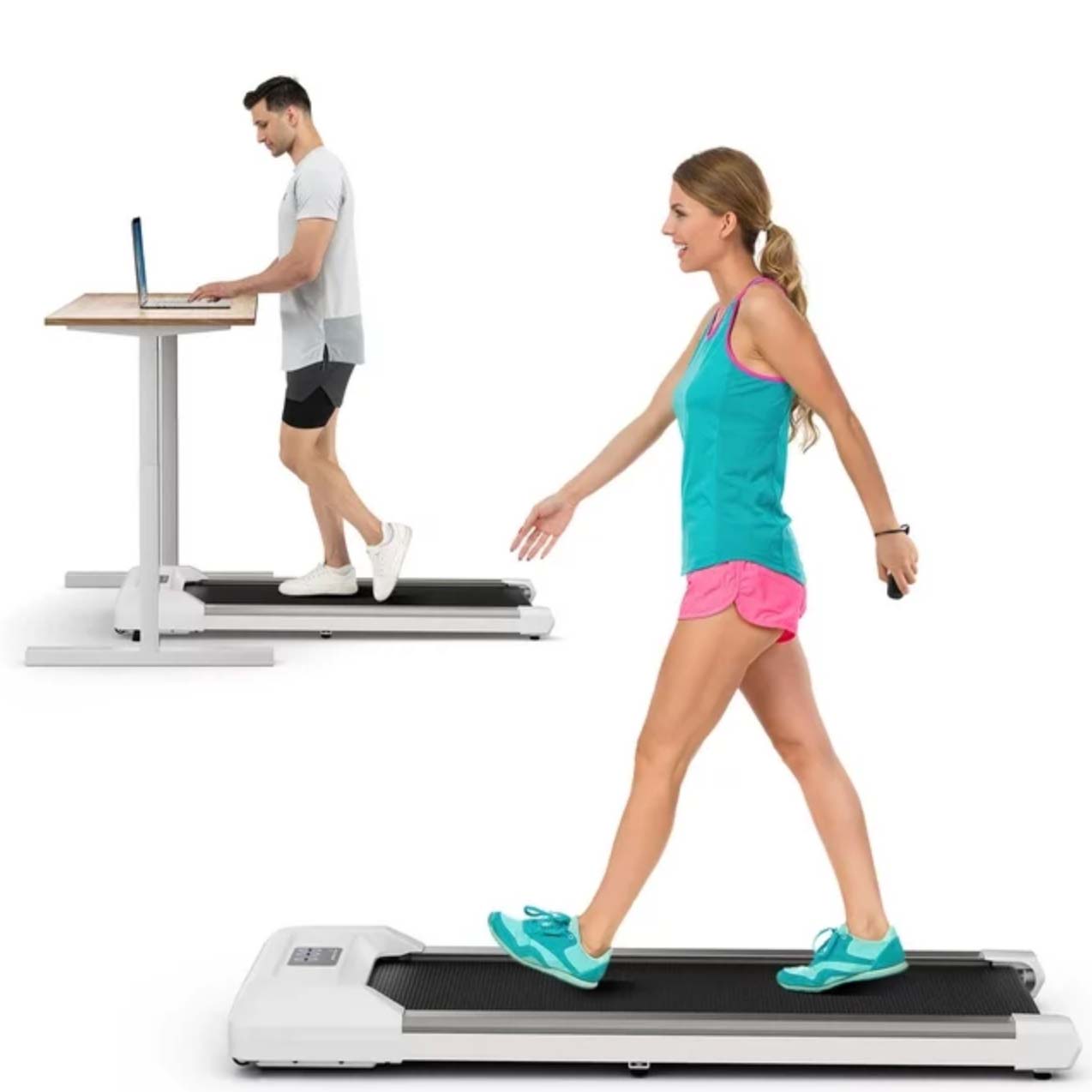 Men working while walking on treadmill and woman walking on treadmill