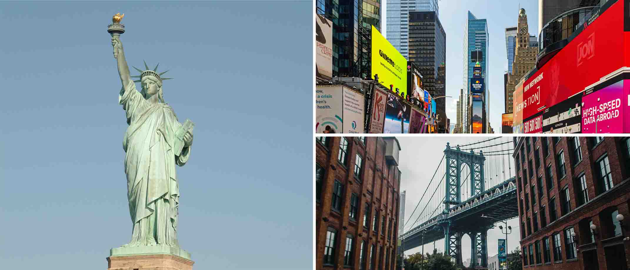 Image of Statue of Liberty, Brooklyn Bridge and Times Square