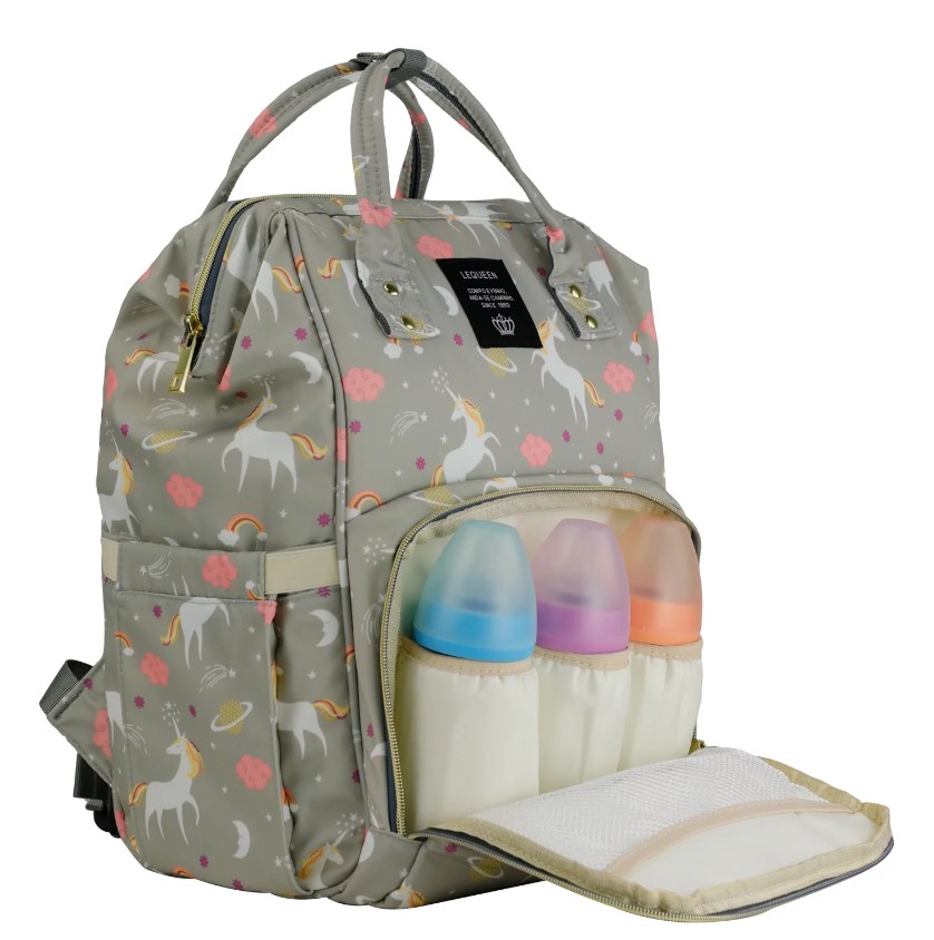 Printed diaper backpack with bottles