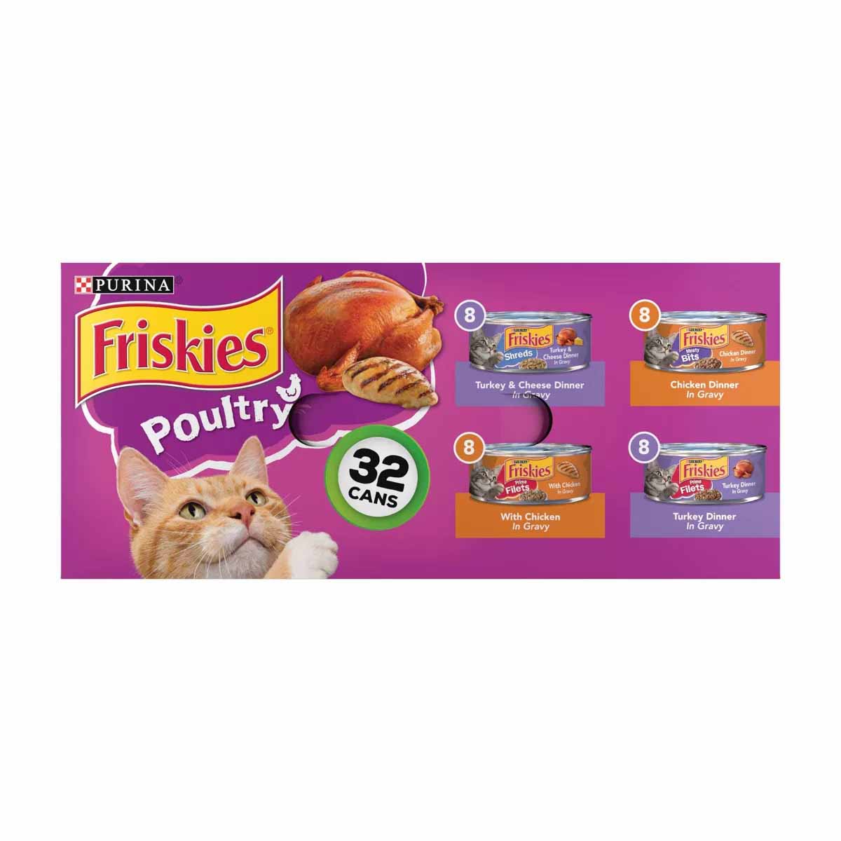 Purina Friskies Shreds, Meaty Bits & Prime Filets with Chicken, Turkey, and Cheese Flavor in purple box