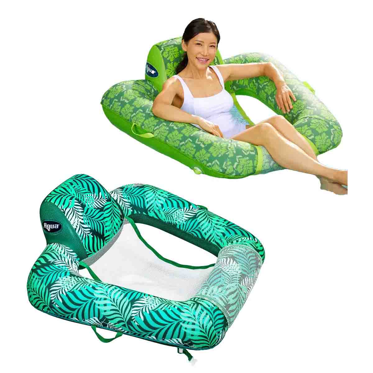 model laying in an Aqua Leisure Zero Gravity Swimming Pool Lounge Chair Float next to a second float in teal 