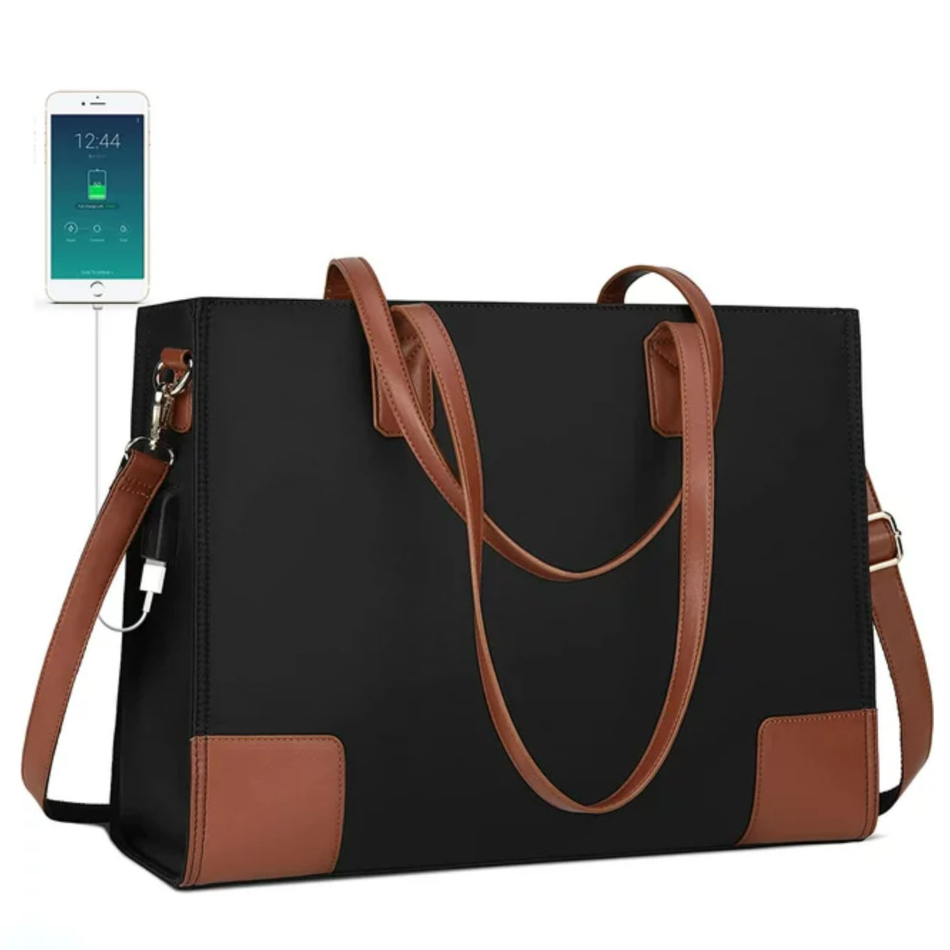 Black and brown tote bag with charging phone