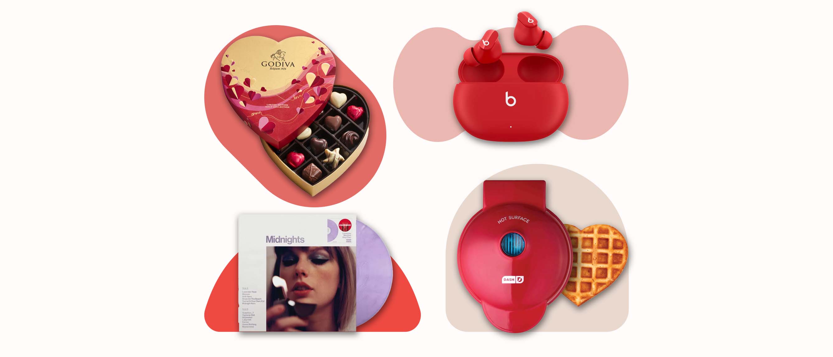 Image of waffle maker, beats earbuds, Taylor Swift vinyl and Godiva chocolate