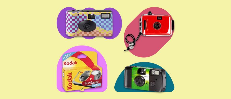 Four disposable cameras pictured in a collage
