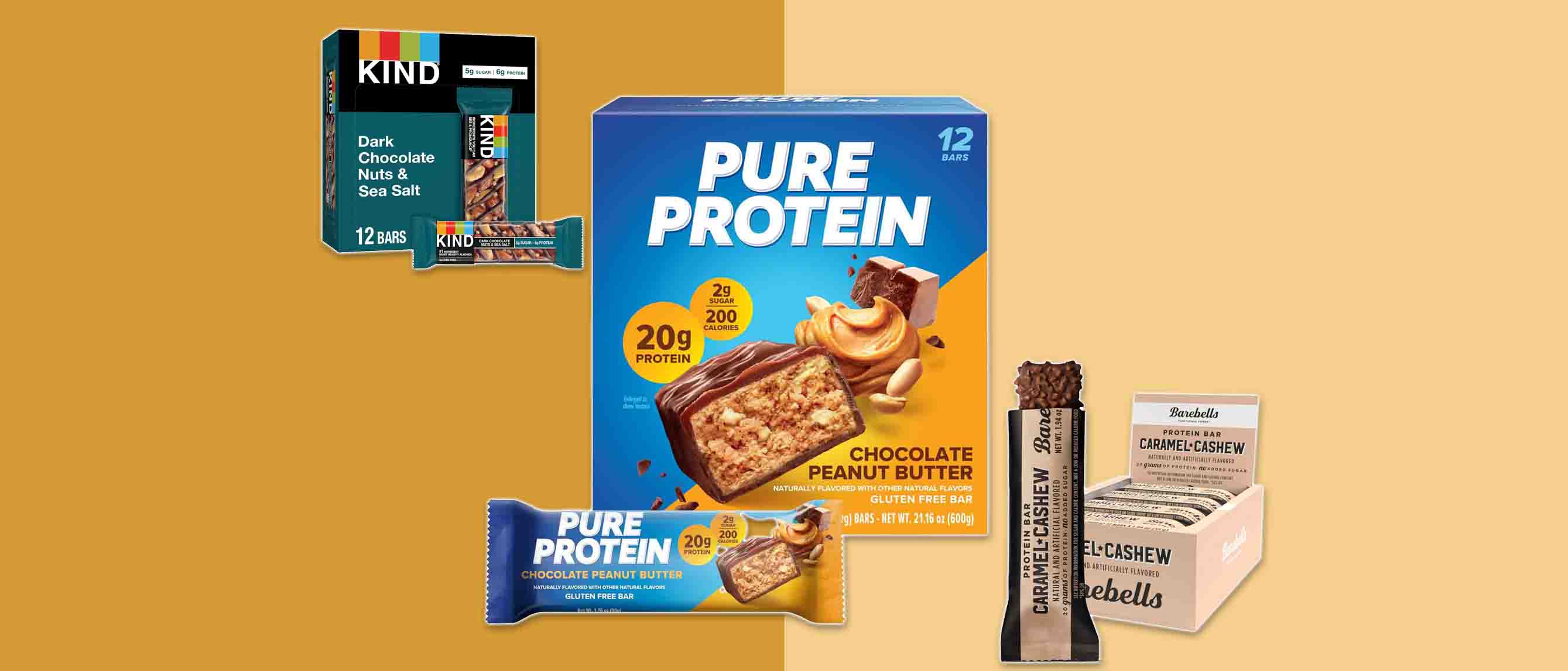 three of best protein bars including pure protein, kind and barebells